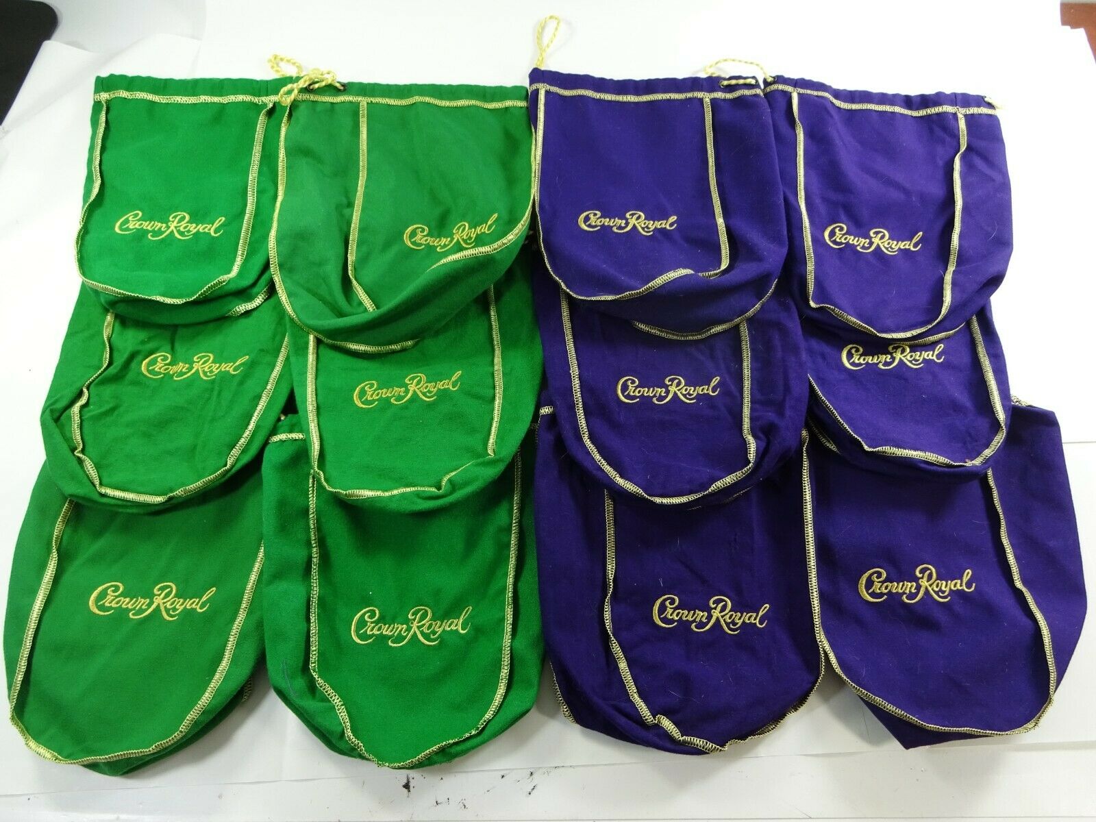 Mixed Lot Of 12 Crown Royal 750ml Drawstring Bags 6 Green & 6 Purple 9"
